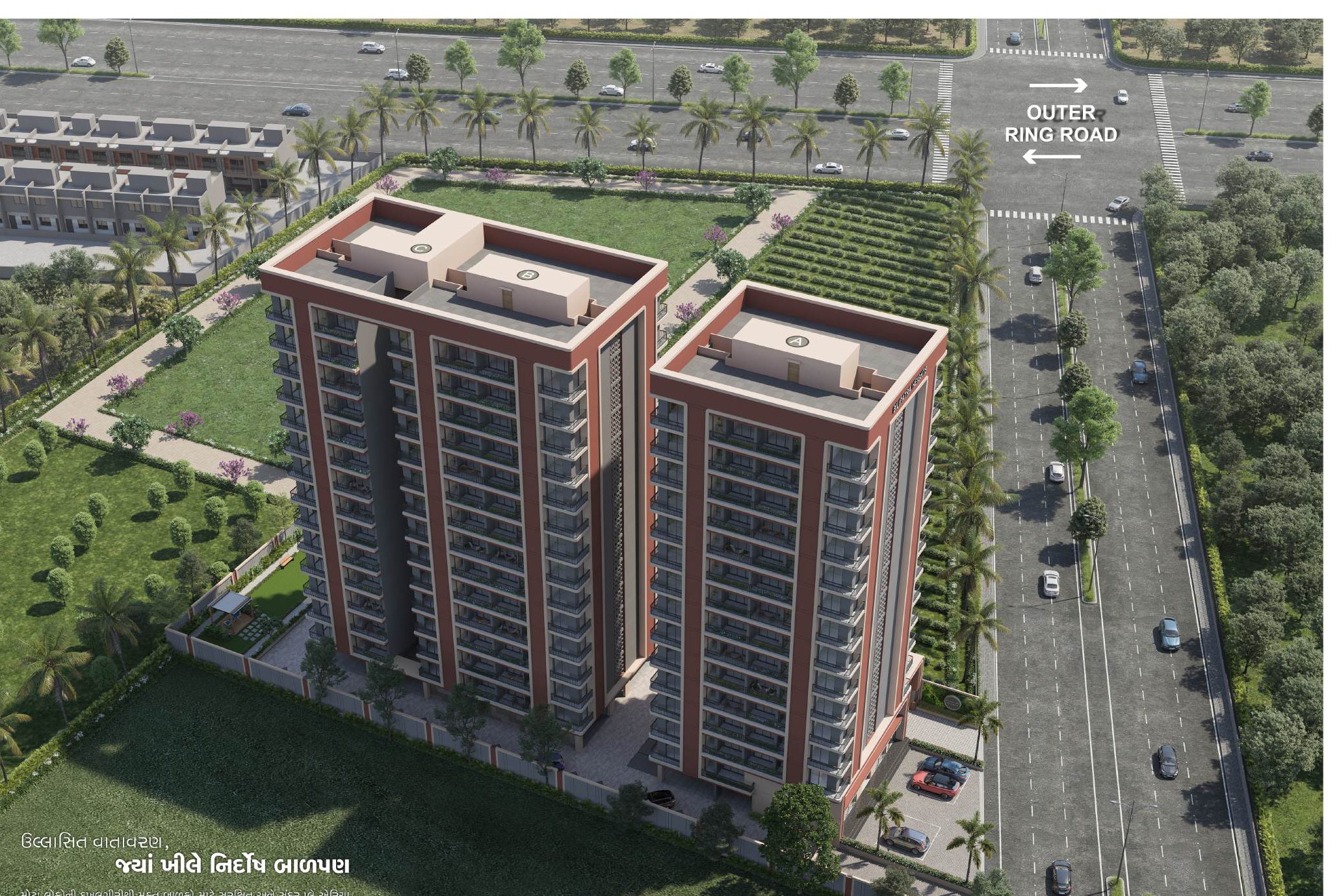 Bilipatra Heights twin towers beside the Outer Ring Road, Surat
